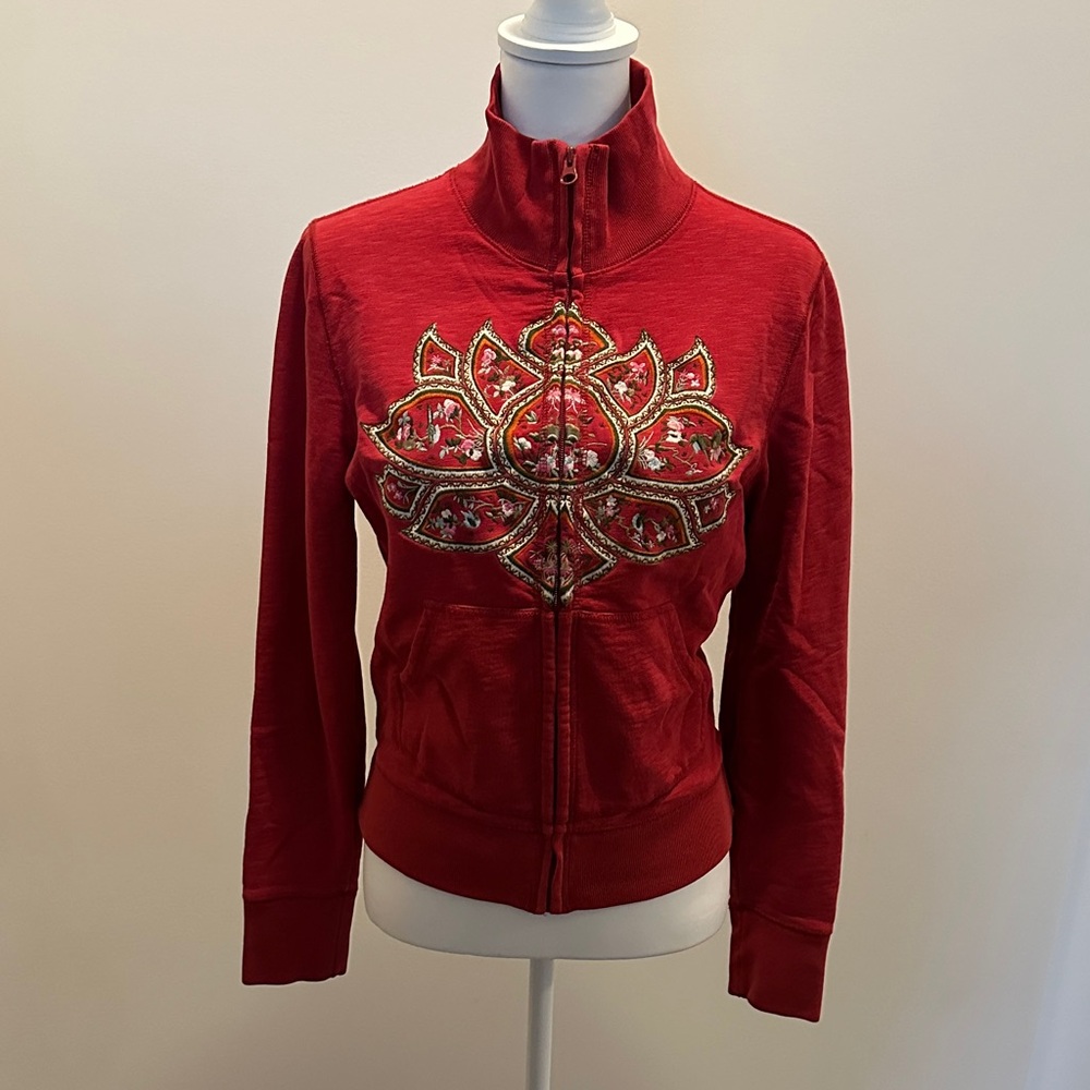Lucky Brand Red Embroidered Zip Up Jacket